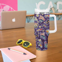 Hawaii Islands Map Design with Japanese Landscape Tumbler With Handle Hawaiian Japan Fusion Art Purple Color