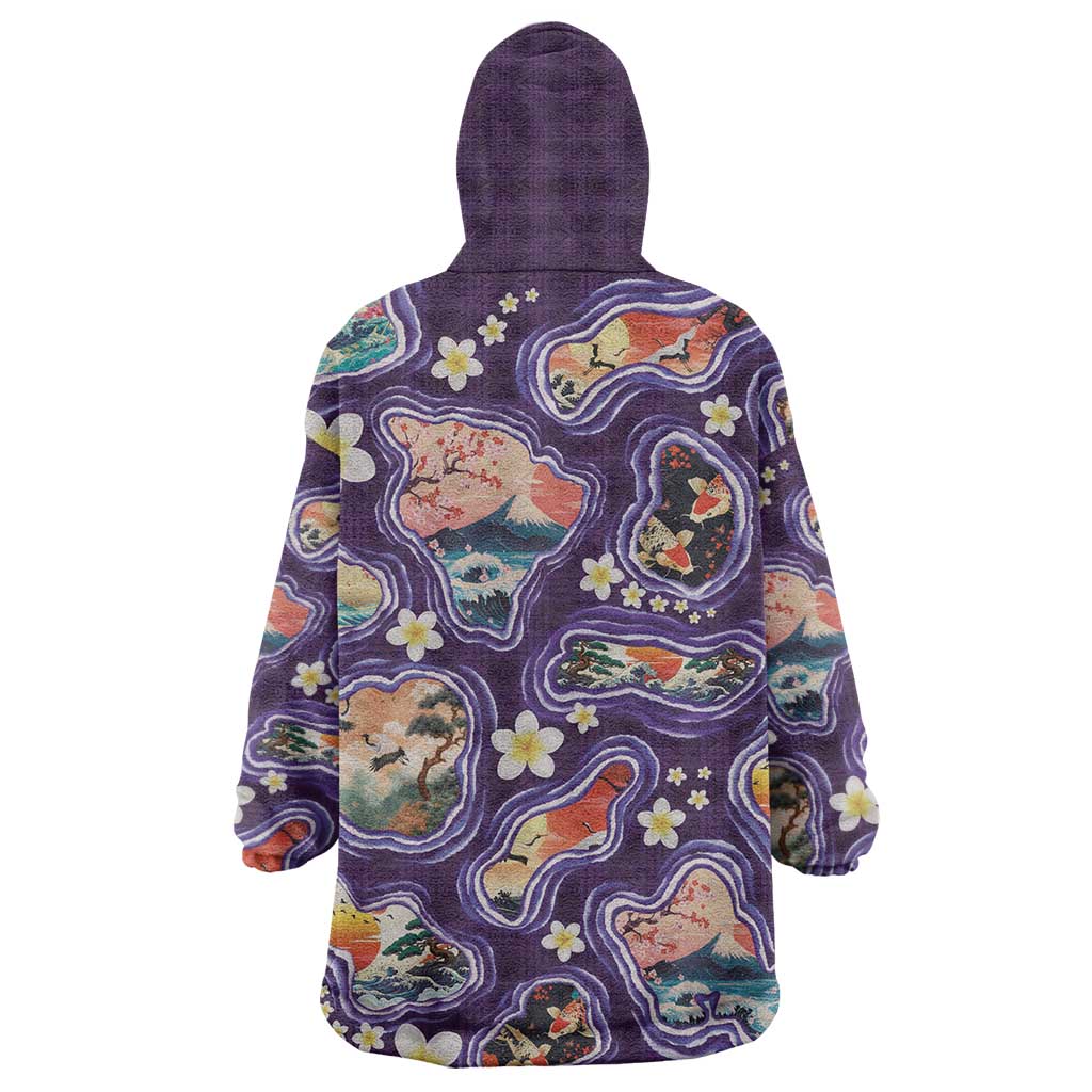 Hawaii Islands Map Design with Japanese Landscape Wearable Blanket Hoodie Hawaiian Japan Fusion Art Purple Color