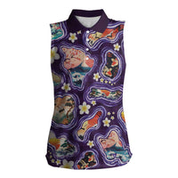 Hawaii Islands Map Design with Japanese Landscape Women Sleeveless Polo Shirt Hawaiian Japan Fusion Art Purple Color