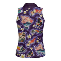 Hawaii Islands Map Design with Japanese Landscape Women Sleeveless Polo Shirt Hawaiian Japan Fusion Art Purple Color