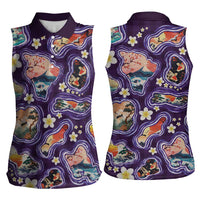 Hawaii Islands Map Design with Japanese Landscape Women Sleeveless Polo Shirt Hawaiian Japan Fusion Art Purple Color