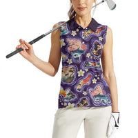 Hawaii Islands Map Design with Japanese Landscape Women Sleeveless Polo Shirt Hawaiian Japan Fusion Art Purple Color