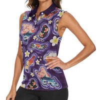 Hawaii Islands Map Design with Japanese Landscape Women Sleeveless Polo Shirt Hawaiian Japan Fusion Art Purple Color