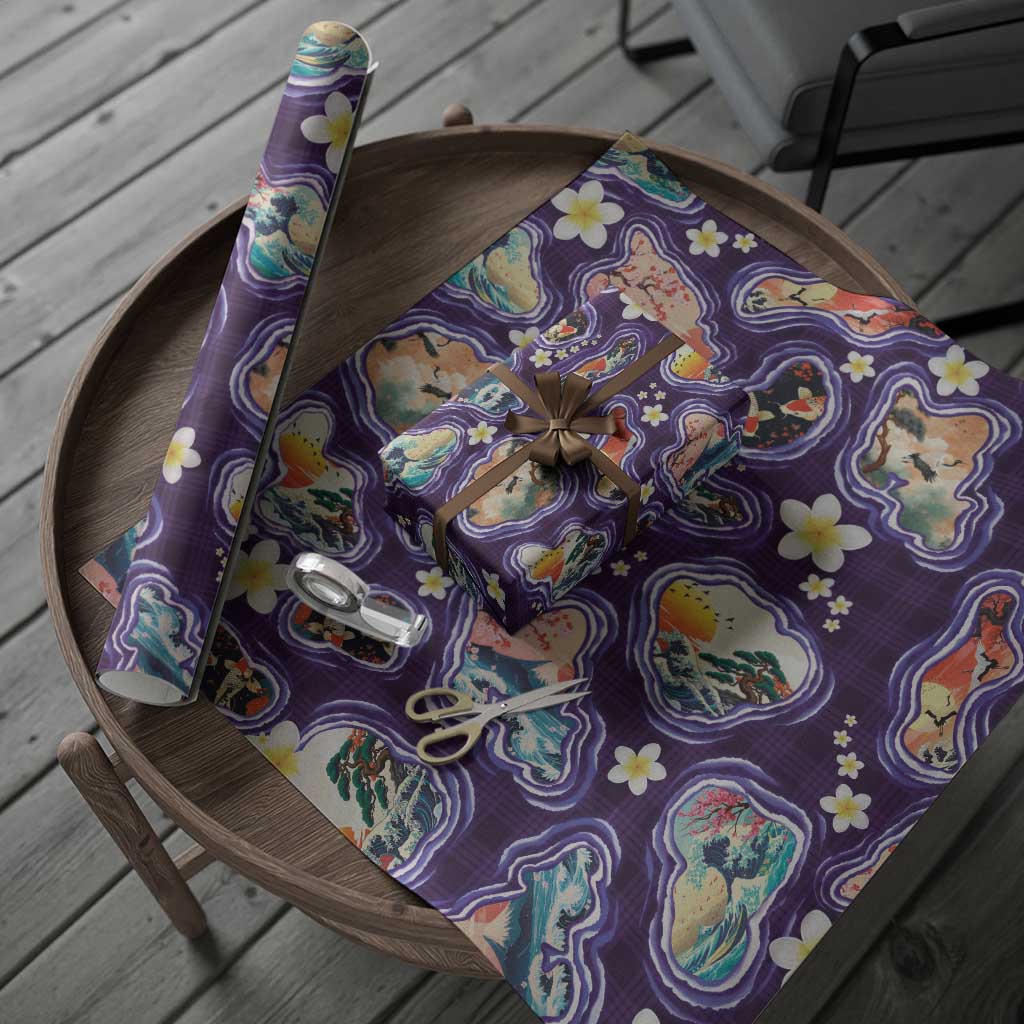 Hawaii Islands Map Design with Japanese Landscape Wrapping Paper Hawaiian Japan Fusion Art Purple Color