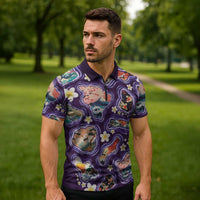 Hawaii Islands Map Design with Japanese Landscape Zipper Polo Shirt Hawaiian Japan Fusion Art Purple Color