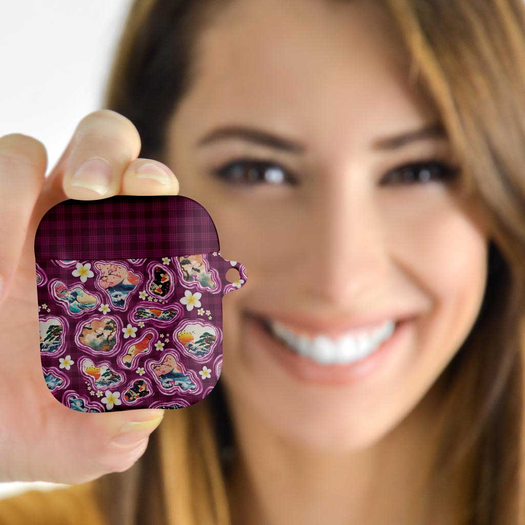 Hawaii Islands Map Design with Japanese Landscape AirPods Case Hawaiian Japan Fusion Art Pink Color