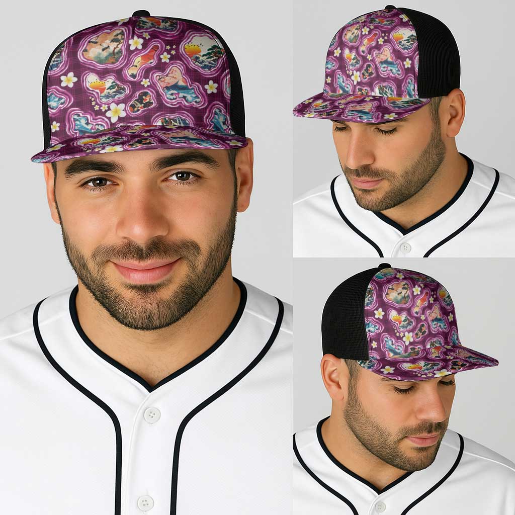 Hawaii Islands Map Design with Japanese Landscape Baseball Net Cap Hawaiian Japan Fusion Art Pink Color