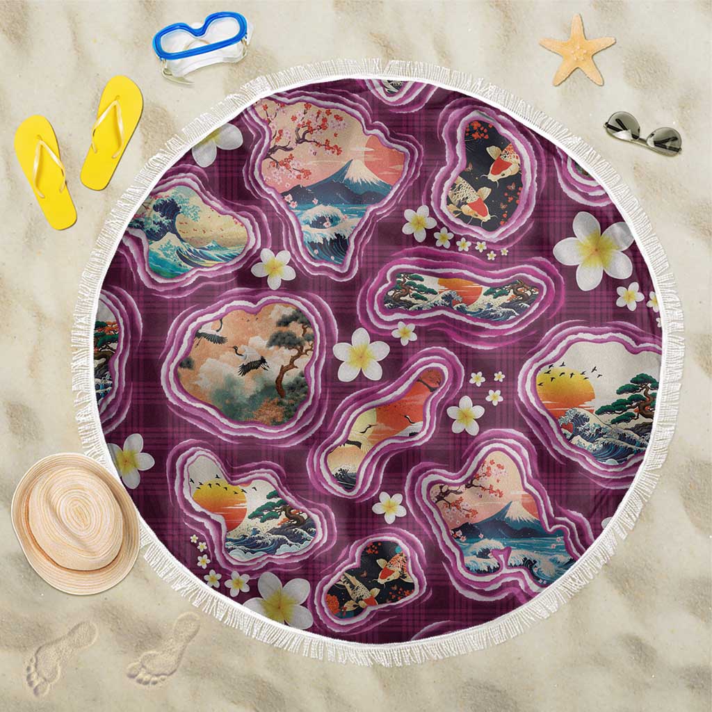 Hawaii Islands Map Design with Japanese Landscape Beach Blanket Hawaiian Japan Fusion Art Pink Color