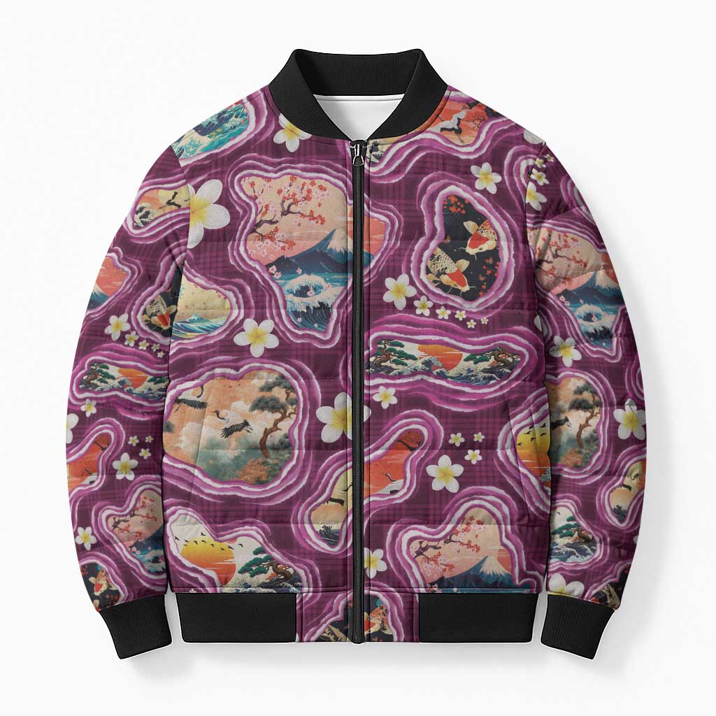 Hawaii Islands Map Design with Japanese Landscape Bomber Puffer Jacket Hawaiian Japan Fusion Art Pink Color