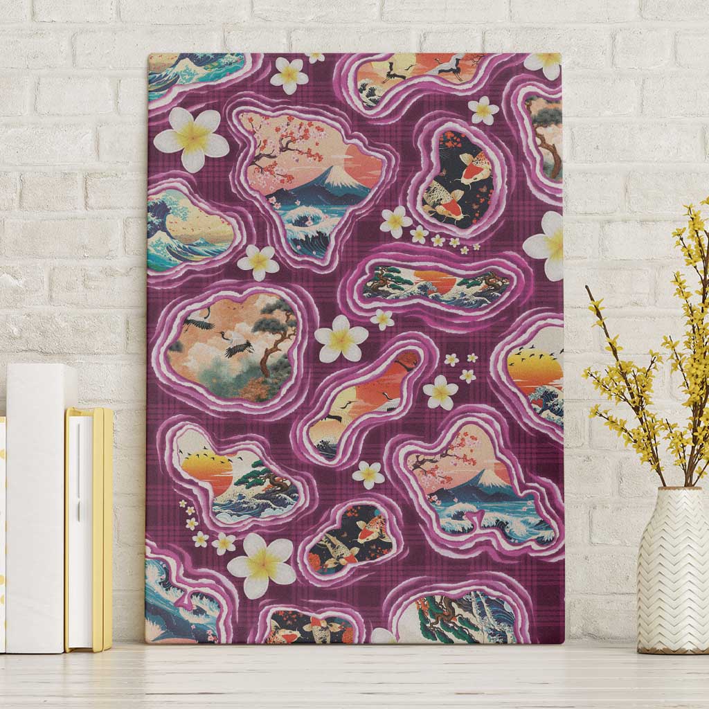 Hawaii Islands Map Design with Japanese Landscape Canvas Wall Art Hawaiian Japan Fusion Art Pink Color LT03 Without Frame Pink - Polynesian Pride