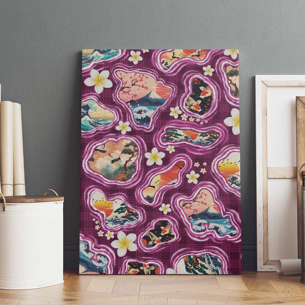 Hawaii Islands Map Design with Japanese Landscape Canvas Wall Art Hawaiian Japan Fusion Art Pink Color LT03 - Polynesian Pride