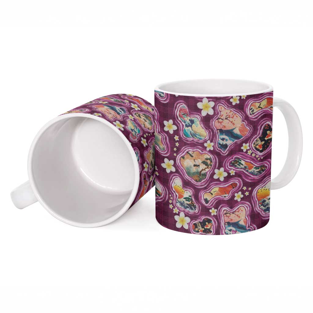 Hawaii Islands Map Design with Japanese Landscape Ceramic Mug Hawaiian Japan Fusion Art Pink Color