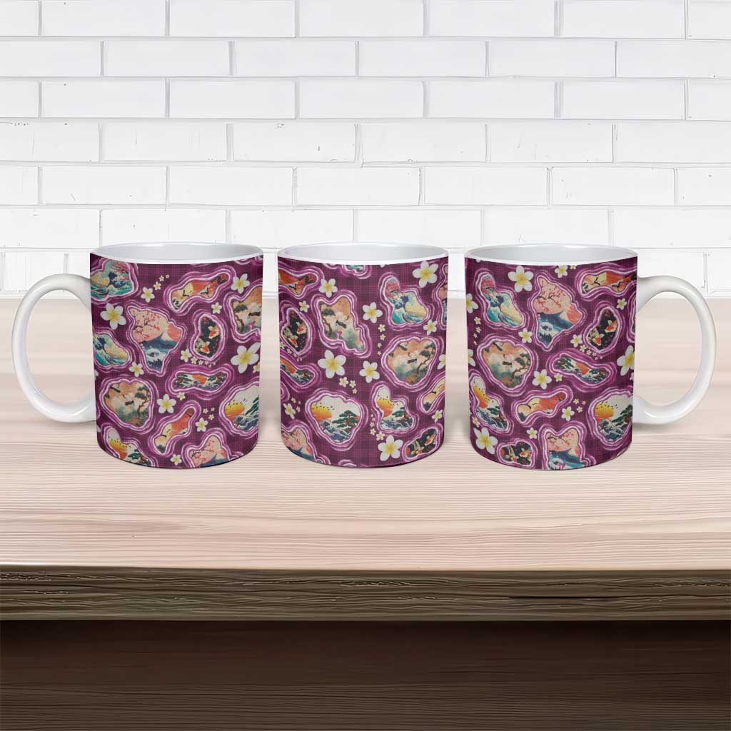Hawaii Islands Map Design with Japanese Landscape Ceramic Mug Hawaiian Japan Fusion Art Pink Color