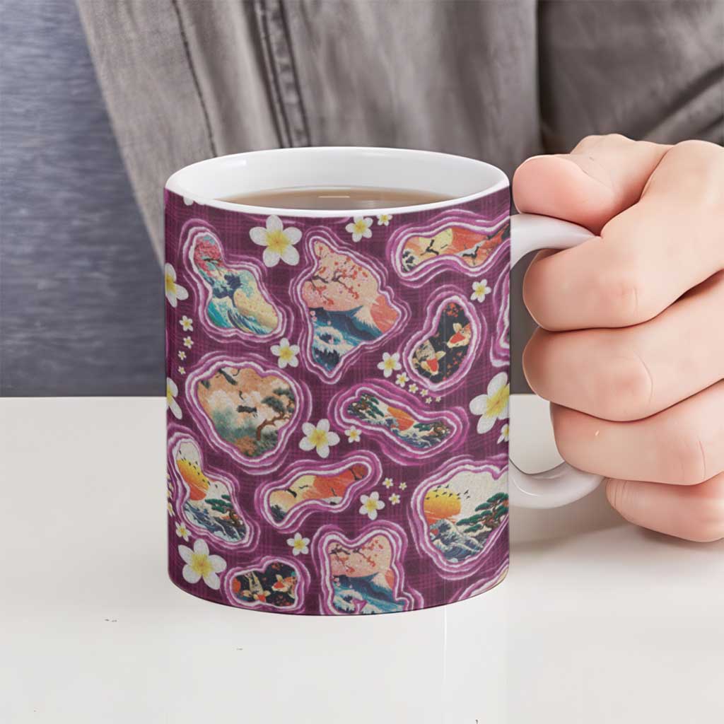 Hawaii Islands Map Design with Japanese Landscape Ceramic Mug Hawaiian Japan Fusion Art Pink Color