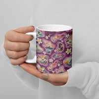 Hawaii Islands Map Design with Japanese Landscape Ceramic Mug Hawaiian Japan Fusion Art Pink Color