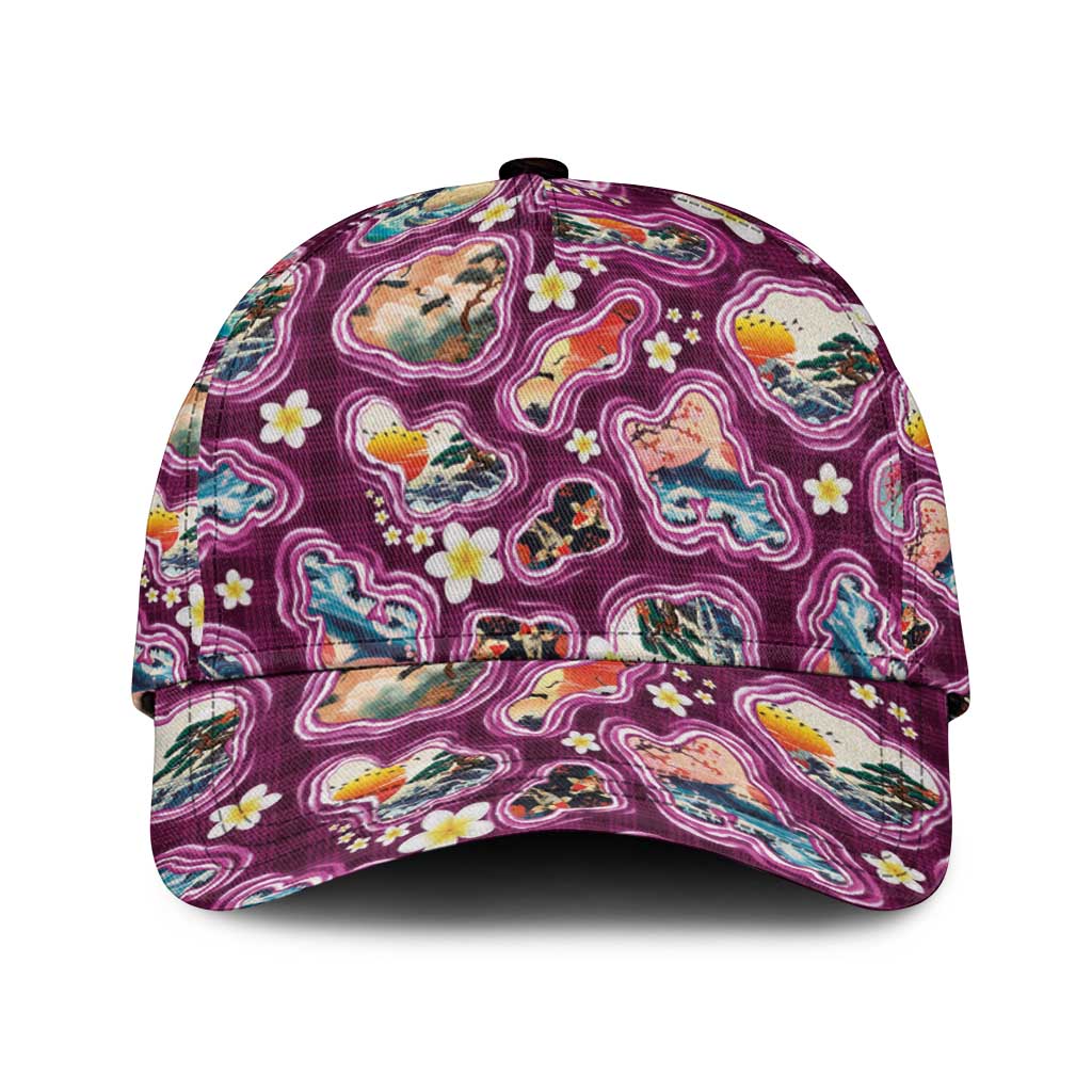 Hawaii Islands Map Design with Japanese Landscape Classic Cap Hawaiian Japan Fusion Art Pink Color