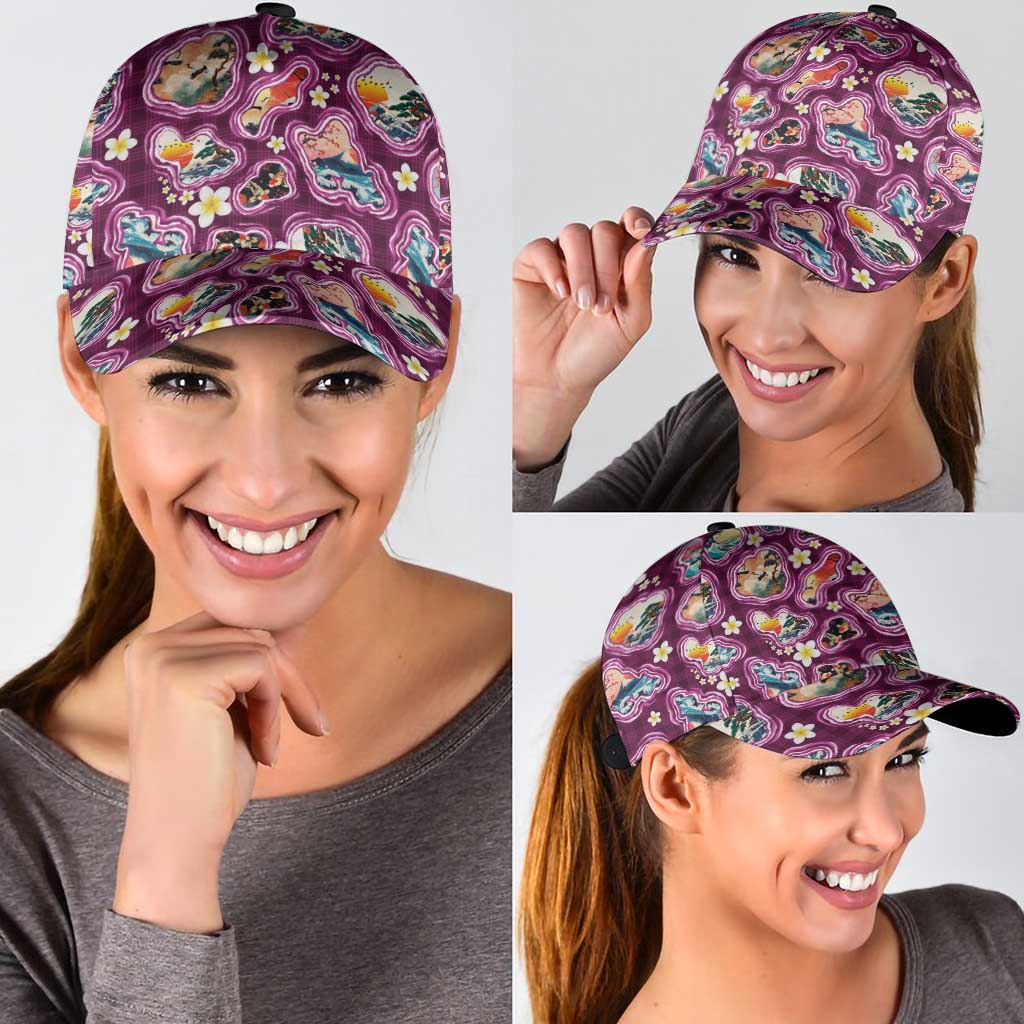 Hawaii Islands Map Design with Japanese Landscape Classic Cap Hawaiian Japan Fusion Art Pink Color