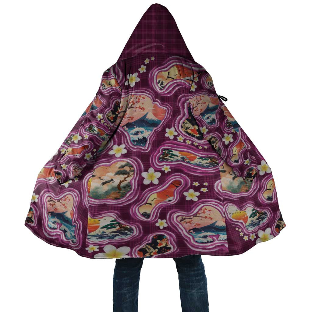 Hawaii Islands Map Design with Japanese Landscape Cloak Hawaiian Japan Fusion Art Pink Color LT03 Unisex Pink - Polynesian Pride