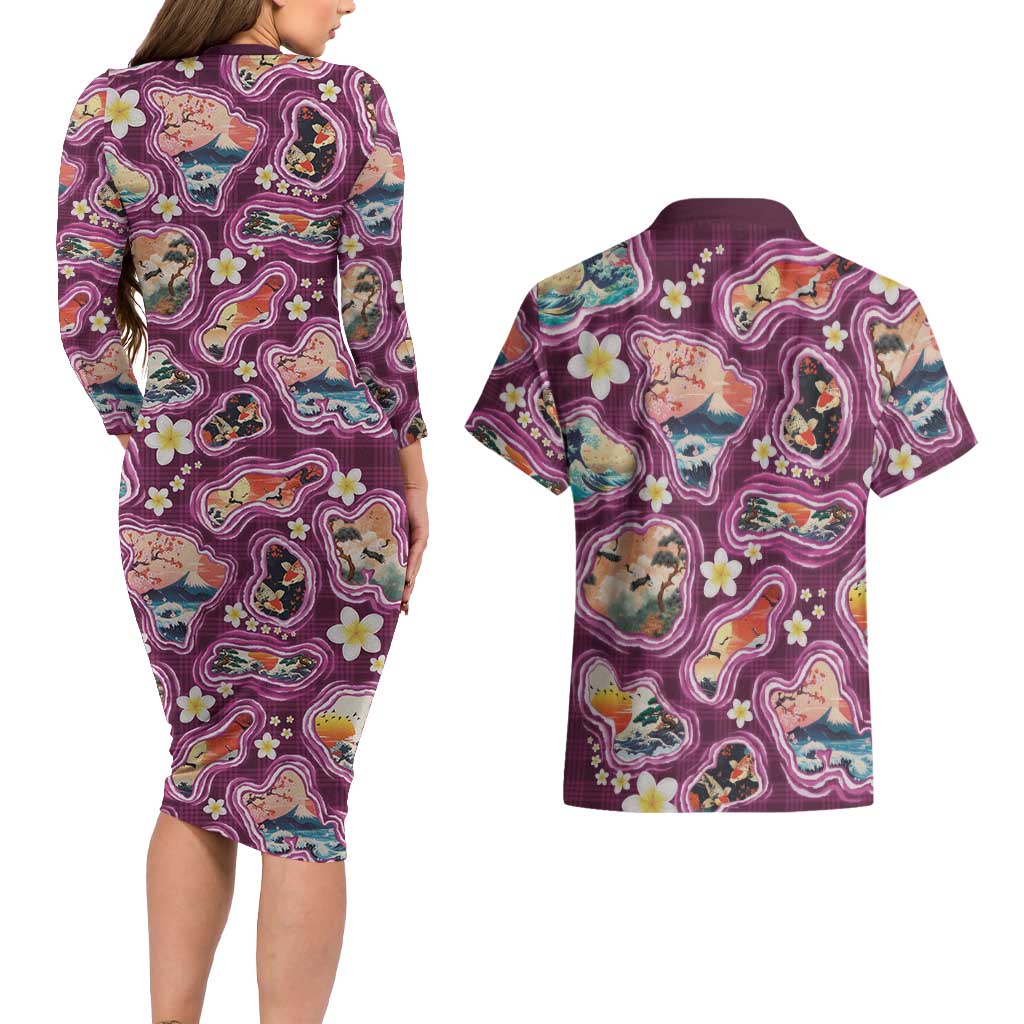 Hawaii Islands Map Design with Japanese Landscape Couples Matching Long Sleeve Bodycon Dress and Hawaiian Shirt Hawaiian Japan Fusion Art Pink Color