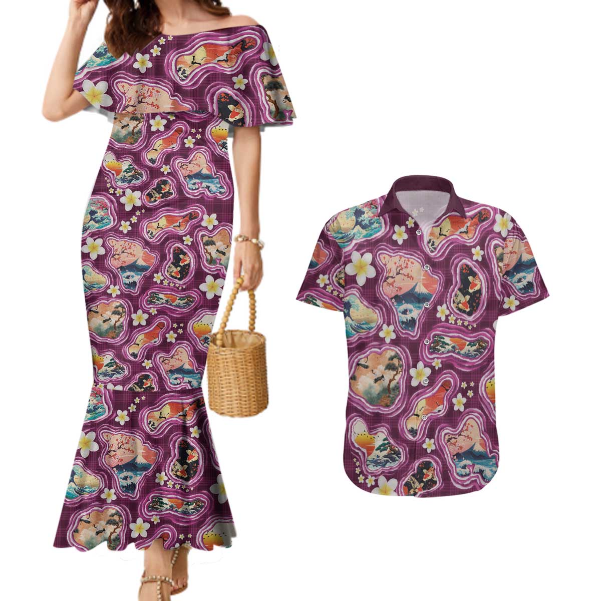 Hawaii Islands Map Design with Japanese Landscape Couples Matching Mermaid Dress and Hawaiian Shirt Hawaiian Japan Fusion Art Pink Color