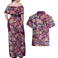 Hawaii Islands Map Design with Japanese Landscape Couples Matching Off Shoulder Maxi Dress and Hawaiian Shirt Hawaiian Japan Fusion Art Pink Color