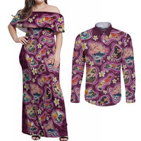 Hawaii Islands Map Design with Japanese Landscape Couples Matching Off Shoulder Maxi Dress and Long Sleeve Button Shirt Hawaiian Japan Fusion Art Pink Color