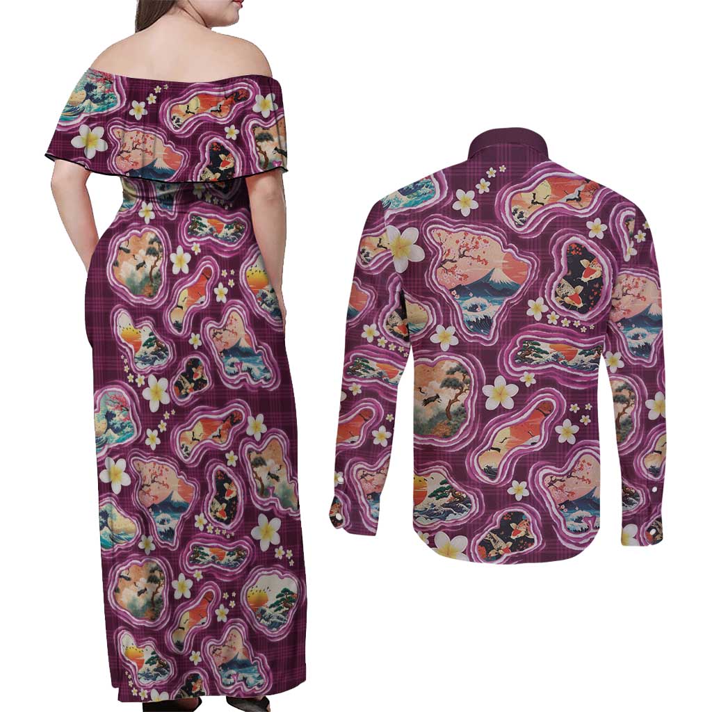 Hawaii Islands Map Design with Japanese Landscape Couples Matching Off Shoulder Maxi Dress and Long Sleeve Button Shirt Hawaiian Japan Fusion Art Pink Color