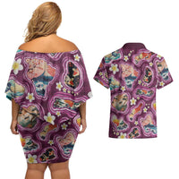 Hawaii Islands Map Design with Japanese Landscape Couples Matching Off Shoulder Short Dress and Hawaiian Shirt Hawaiian Japan Fusion Art Pink Color