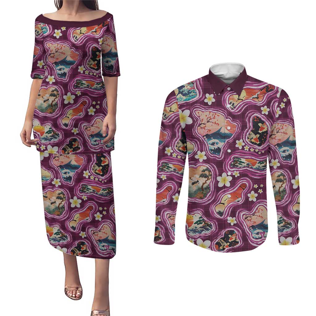 Hawaii Islands Map Design with Japanese Landscape Couples Matching Puletasi and Long Sleeve Button Shirt Hawaiian Japan Fusion Art Pink Color