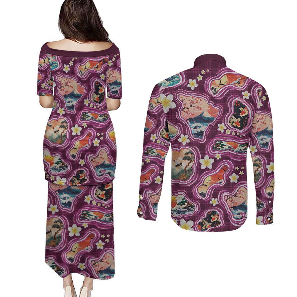 Hawaii Islands Map Design with Japanese Landscape Couples Matching Puletasi and Long Sleeve Button Shirt Hawaiian Japan Fusion Art Pink Color