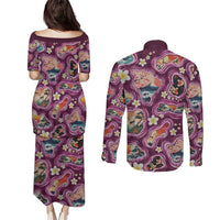 Hawaii Islands Map Design with Japanese Landscape Couples Matching Puletasi and Long Sleeve Button Shirt Hawaiian Japan Fusion Art Pink Color
