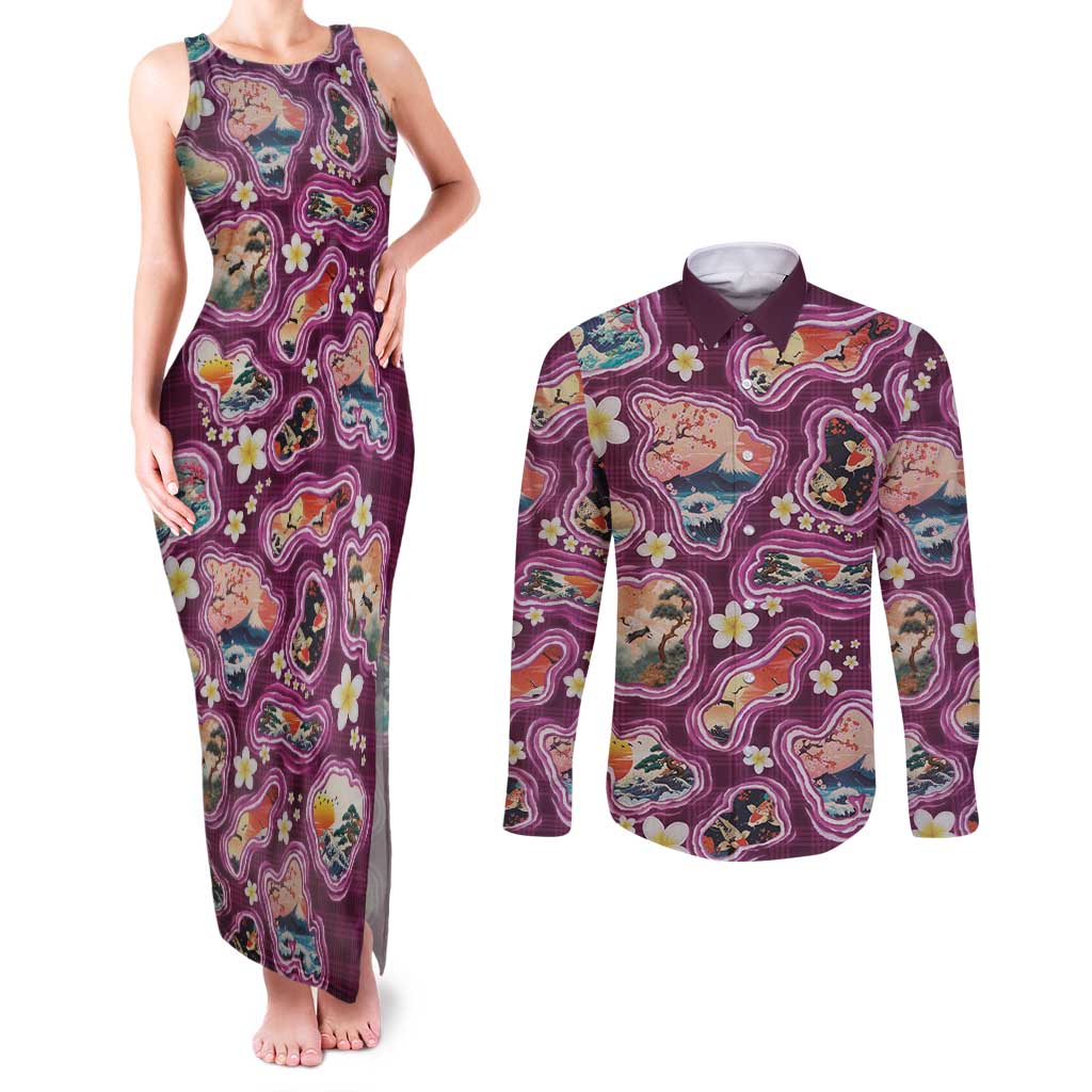 Hawaii Islands Map Design with Japanese Landscape Couples Matching Tank Maxi Dress and Long Sleeve Button Shirt Hawaiian Japan Fusion Art Pink Color
