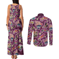 Hawaii Islands Map Design with Japanese Landscape Couples Matching Tank Maxi Dress and Long Sleeve Button Shirt Hawaiian Japan Fusion Art Pink Color