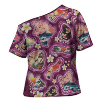 Hawaii Islands Map Design with Japanese Landscape Cross Shoulder Shirt Hawaiian Japan Fusion Art Pink Color
