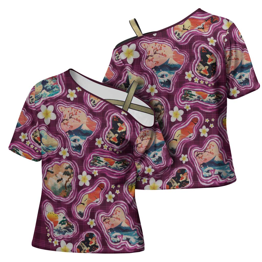 Hawaii Islands Map Design with Japanese Landscape Cross Shoulder Shirt Hawaiian Japan Fusion Art Pink Color