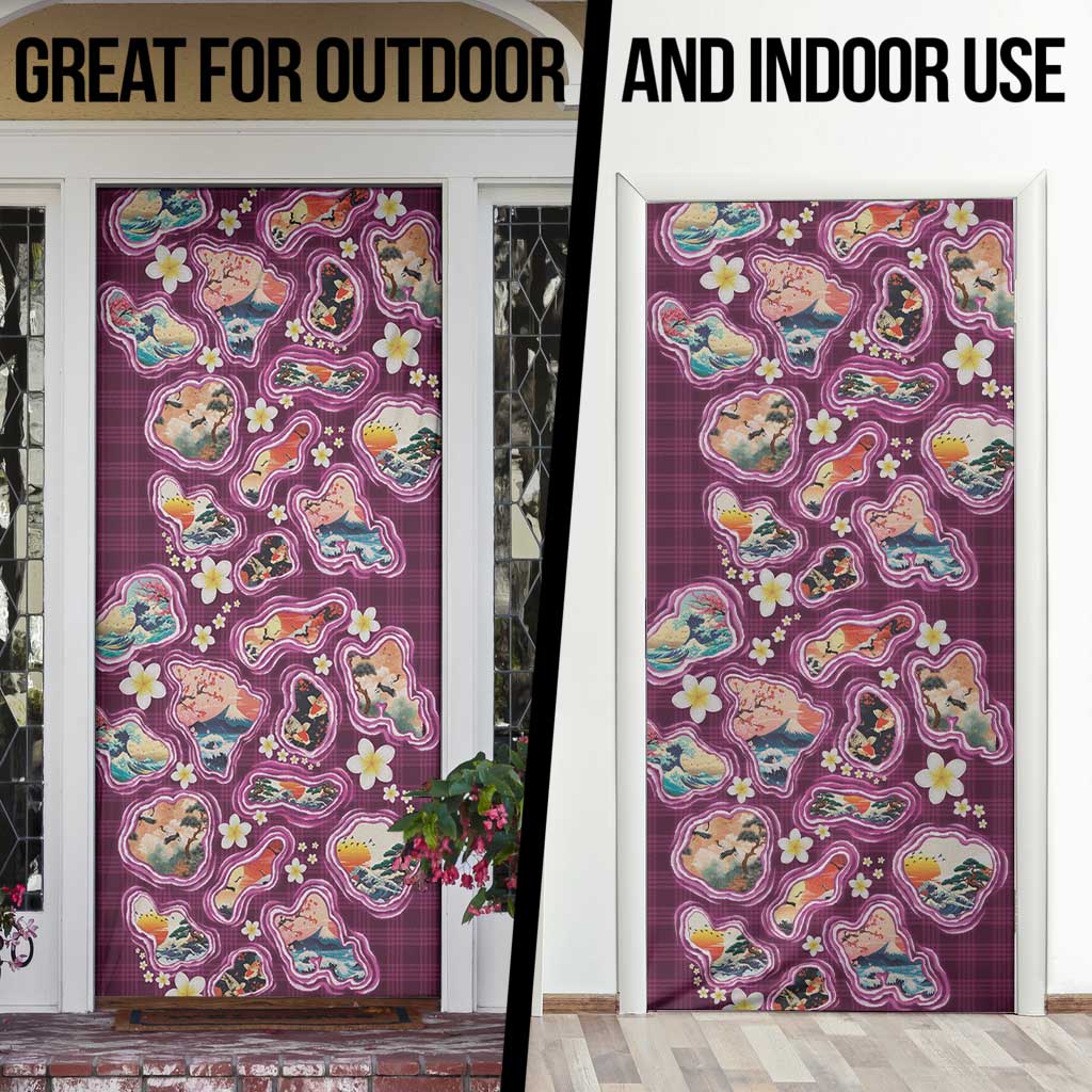 Hawaii Islands Map Design with Japanese Landscape Door Cover Hawaiian Japan Fusion Art Pink Color