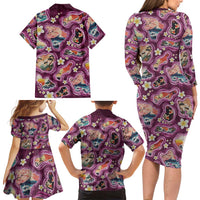 Hawaii Islands Map Design with Japanese Landscape Family Matching Long Sleeve Bodycon Dress and Hawaiian Shirt Hawaiian Japan Fusion Art Pink Color