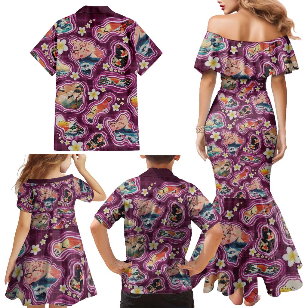 Hawaii Islands Map Design with Japanese Landscape Family Matching Mermaid Dress and Hawaiian Shirt Hawaiian Japan Fusion Art Pink Color LT03 - Polynesian Pride