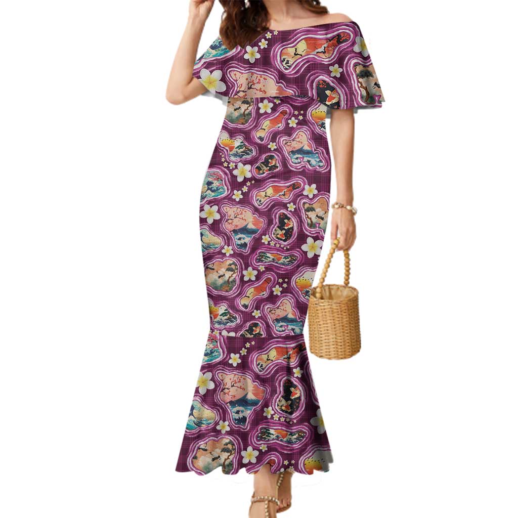 Hawaii Islands Map Design with Japanese Landscape Family Matching Mermaid Dress and Hawaiian Shirt Hawaiian Japan Fusion Art Pink Color LT03 Mom's Dress Pink - Polynesian Pride