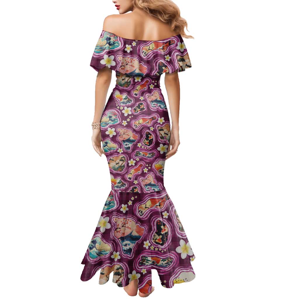 Hawaii Islands Map Design with Japanese Landscape Family Matching Mermaid Dress and Hawaiian Shirt Hawaiian Japan Fusion Art Pink Color LT03 - Polynesian Pride
