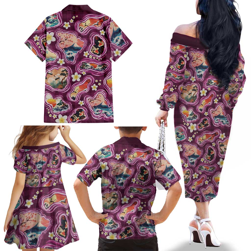Hawaii Islands Map Design with Japanese Landscape Family Matching Off The Shoulder Long Sleeve Dress and Hawaiian Shirt Hawaiian Japan Fusion Art Pink Color