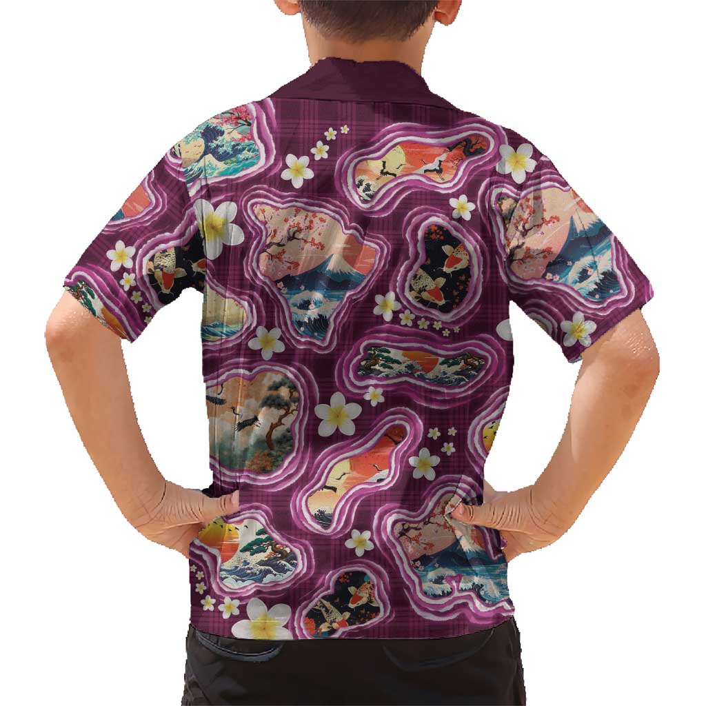 Hawaii Islands Map Design with Japanese Landscape Family Matching Off Shoulder Short Dress and Hawaiian Shirt Hawaiian Japan Fusion Art Pink Color LT03 - Polynesian Pride