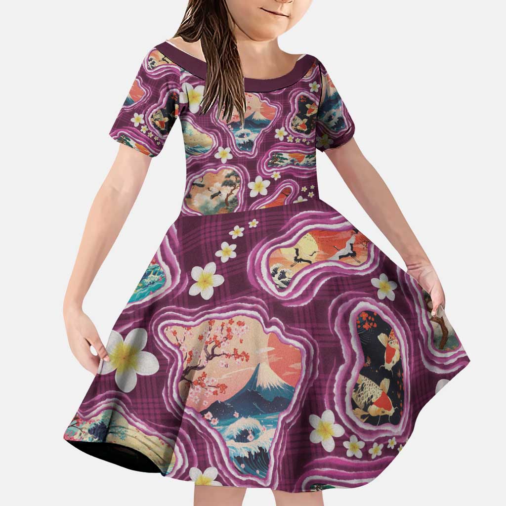 Hawaii Islands Map Design with Japanese Landscape Family Matching Off Shoulder Short Dress and Hawaiian Shirt Hawaiian Japan Fusion Art Pink Color LT03 Daughter's Dress Pink - Polynesian Pride