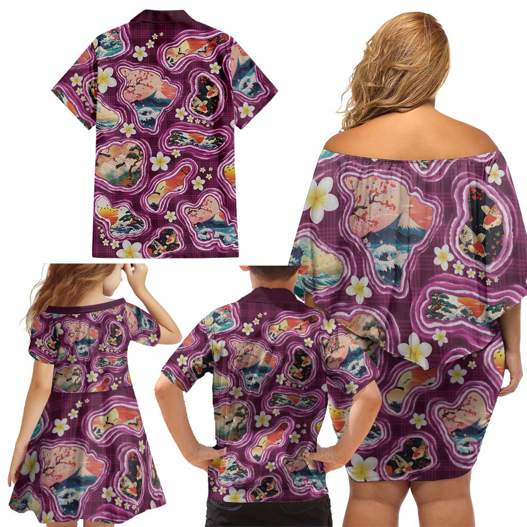 Hawaii Islands Map Design with Japanese Landscape Family Matching Off Shoulder Short Dress and Hawaiian Shirt Hawaiian Japan Fusion Art Pink Color LT03 - Polynesian Pride
