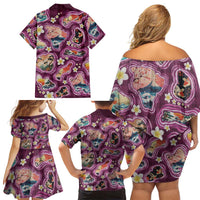 Hawaii Islands Map Design with Japanese Landscape Family Matching Off Shoulder Short Dress and Hawaiian Shirt Hawaiian Japan Fusion Art Pink Color LT03 - Polynesian Pride