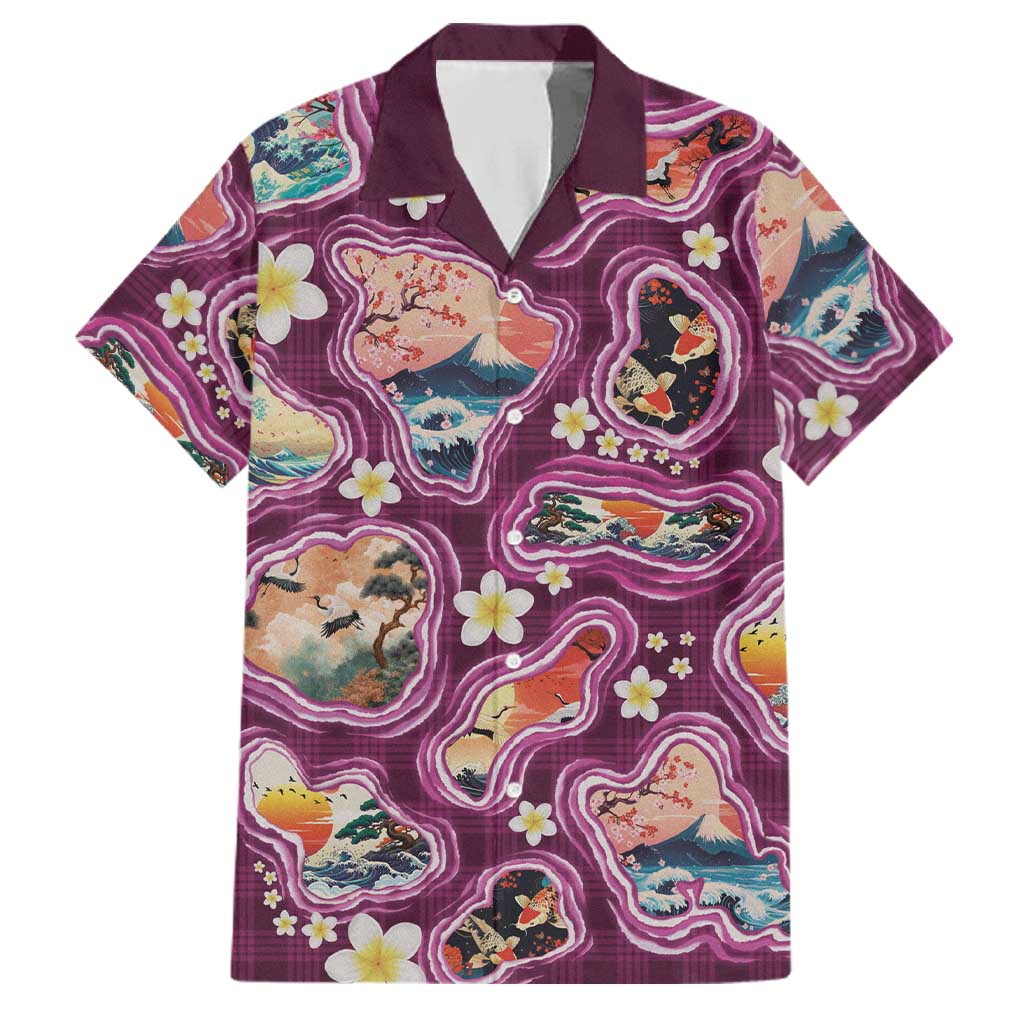 Hawaii Islands Map Design with Japanese Landscape Family Matching Off Shoulder Short Dress and Hawaiian Shirt Hawaiian Japan Fusion Art Pink Color LT03 Dad's Shirt - Short Sleeve Pink - Polynesian Pride