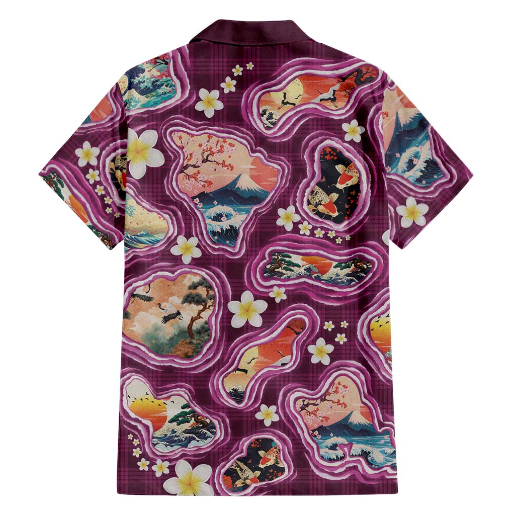 Hawaii Islands Map Design with Japanese Landscape Family Matching Off Shoulder Short Dress and Hawaiian Shirt Hawaiian Japan Fusion Art Pink Color LT03 - Polynesian Pride