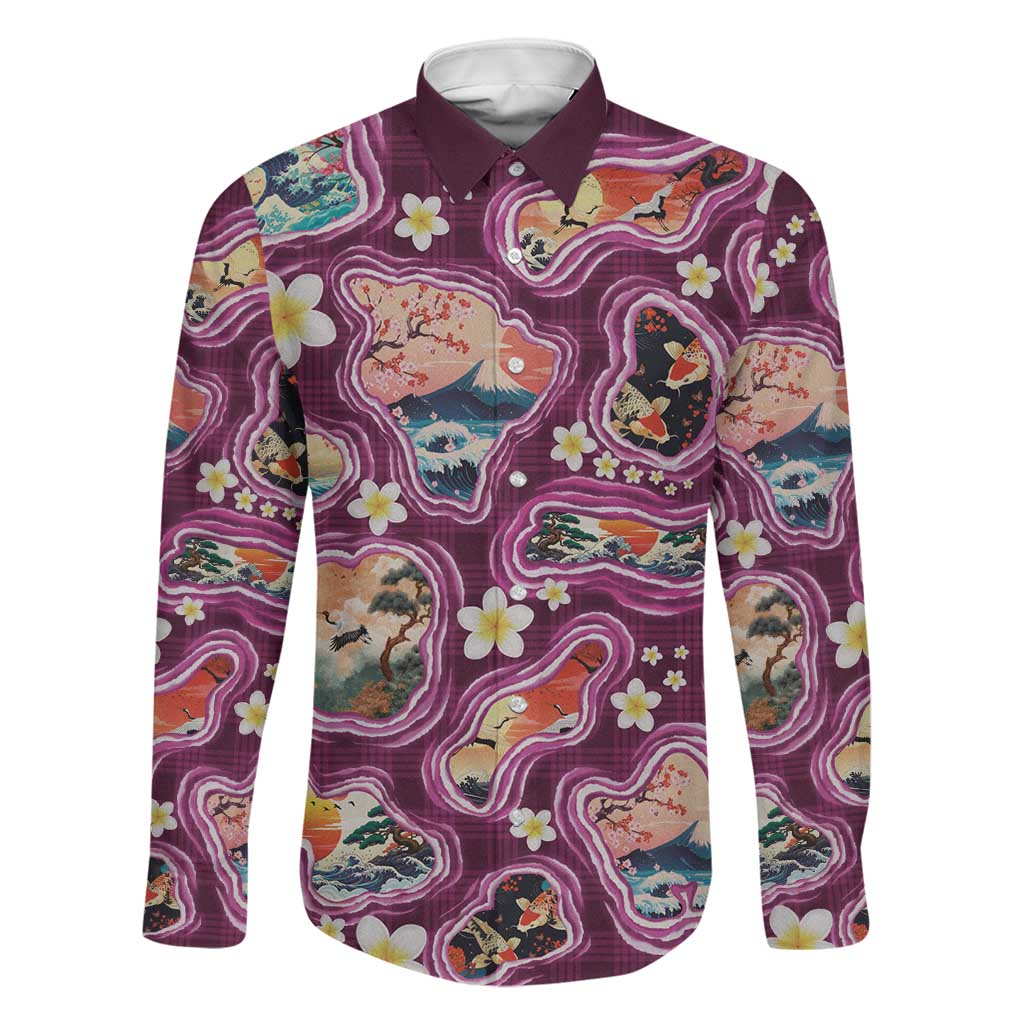 Hawaii Islands Map Design with Japanese Landscape Family Matching Off Shoulder Short Dress and Hawaiian Shirt Hawaiian Japan Fusion Art Pink Color LT03 Dad's Shirt - Long Sleeve Pink - Polynesian Pride