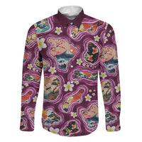 Hawaii Islands Map Design with Japanese Landscape Family Matching Off Shoulder Short Dress and Hawaiian Shirt Hawaiian Japan Fusion Art Pink Color LT03 Dad's Shirt - Long Sleeve Pink - Polynesian Pride