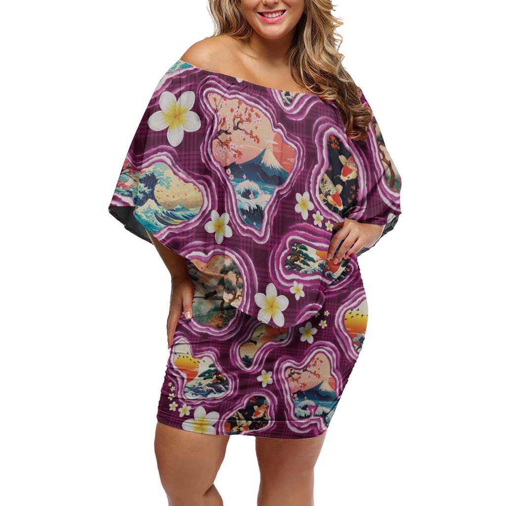 Hawaii Islands Map Design with Japanese Landscape Family Matching Off Shoulder Short Dress and Hawaiian Shirt Hawaiian Japan Fusion Art Pink Color LT03 Mom's Dress Pink - Polynesian Pride
